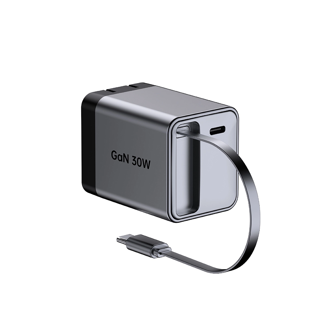 Składana, szybka ładowarka z wtyczką amerykańską o mocy 30 W i zwijanym kablem USB C